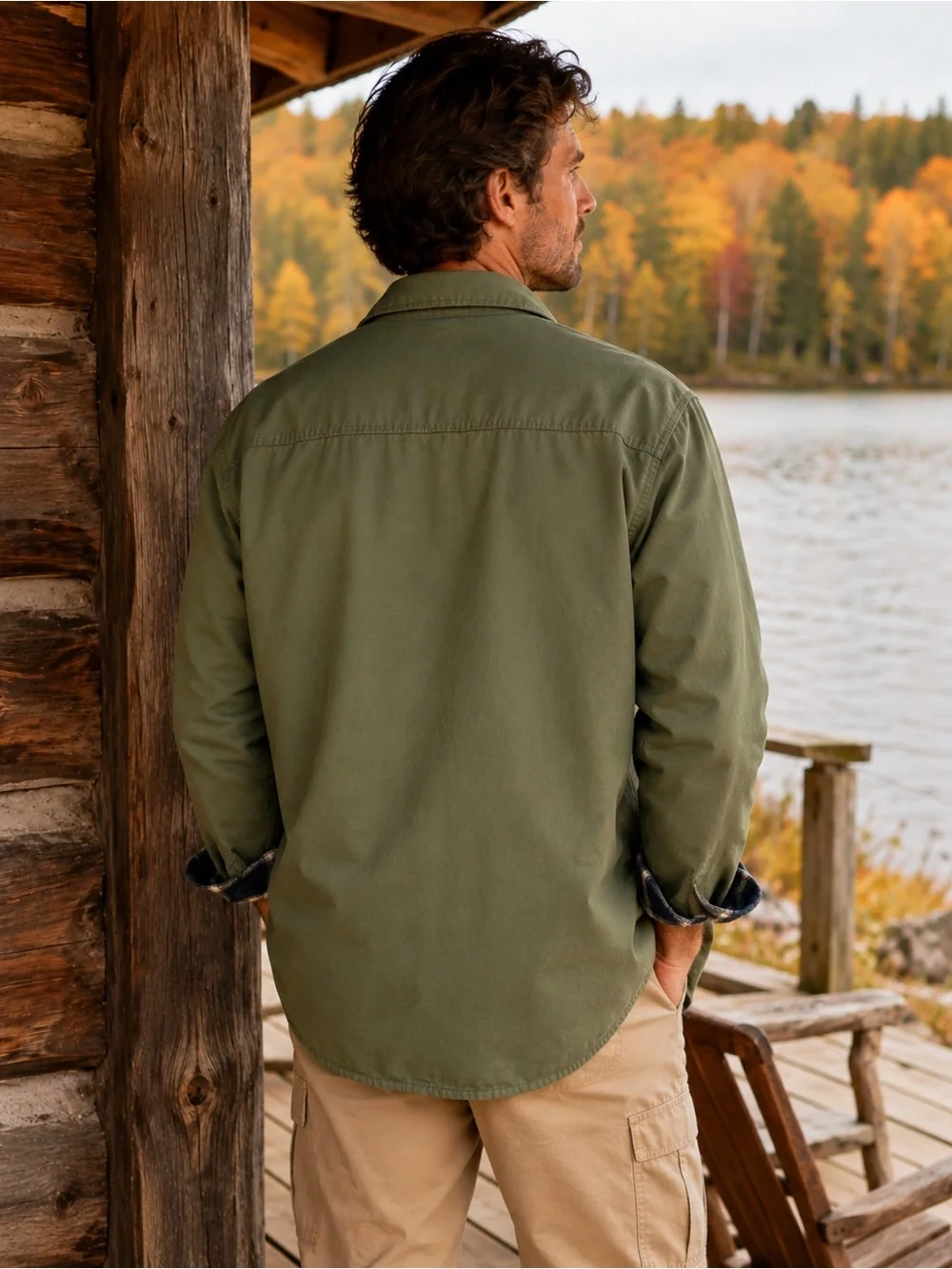 L.L.Bean Flannel Lined Hurricane Shirt Jacket Olive Green Men’s L utility barn